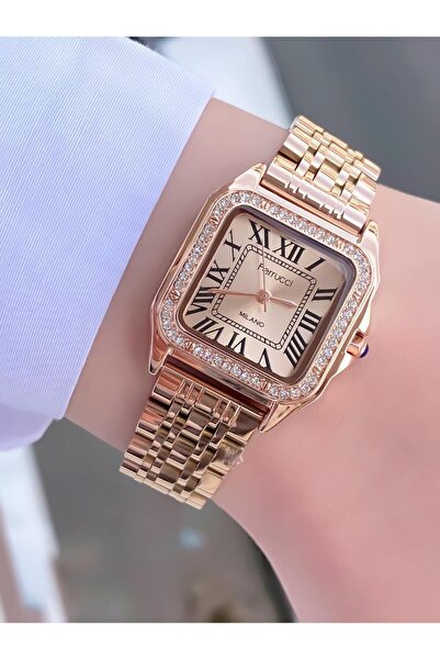 Ferrucci Kadın Rose Gold Kare Vintage Metal Kordon Kol Saati - Zarif Taş Detaylı Romen Rakamlı