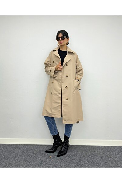 deqfashion Bej Düğme Detaylı Astarsız Reglan Kol Oversize Trençkot