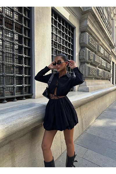 BSAY Fusta cu balon din țesătură parașută, cu cravată în față, cămașă cu mânecă lungă, set de jos, de sus, culoare neagră