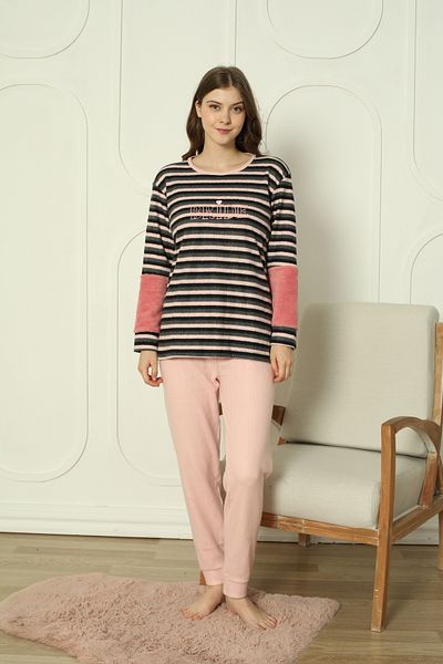 FAMES PİJAMA Long Sleeve Plush Garnished Interlock Women's Pajamas Set