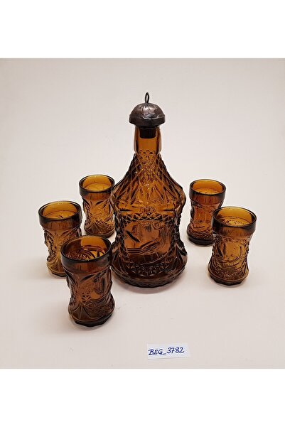 BEGÜLDAN Kahverengi Cam Özel Yapım Bakır Kapaklı Şişe Ve Bardakları Beg_3782