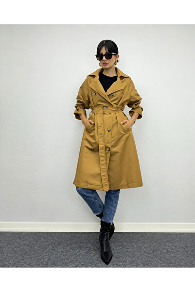 deqfashion Taba Düğme Detaylı Astarsız Reglan Kol Oversize Trençkot