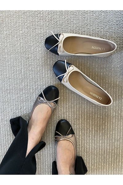 LA PASSION Women's Genuine Leather Ballerinas Beige Black, Double Colored Bow Women's Ballerinas