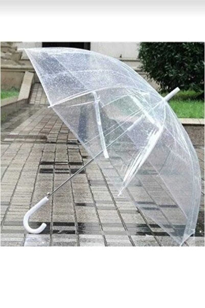 teknotrust Kumaş Unisex Beyaz Şeffaf Baston Şemsiye Düz Beyaz