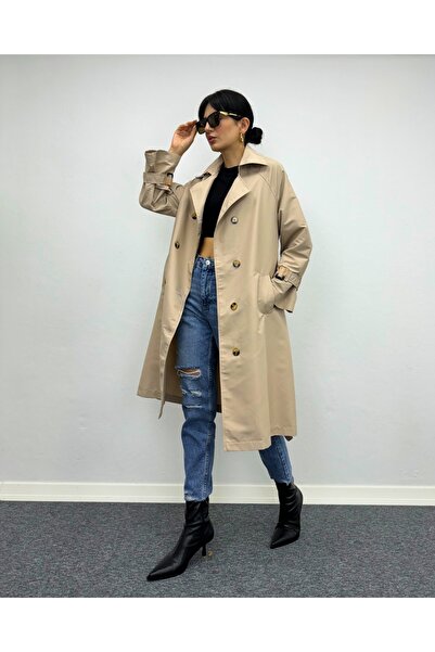 deqfashion Bej Düğme Detaylı Astarsız Reglan Kol Oversize Trençkot