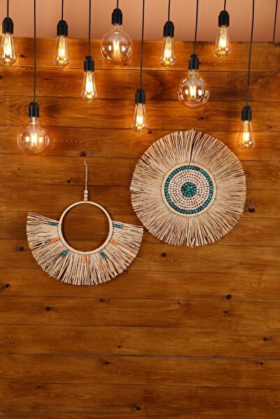 bh bohem handmade Bohem 2 Li Dekoratif Yelpaze Rafya Ayna Ve Boncuklu Duvar S...