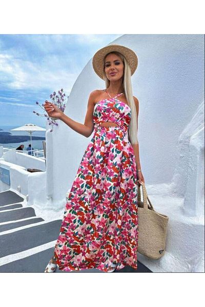 BRGCLOTHING Imprimeu floral - Rochie lungă din crep cu bretele subțiri și detaliu pentru fereastră pe burtă