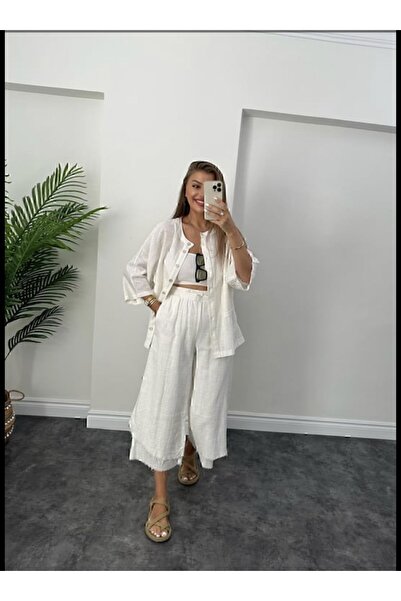 manana fashion Set cămașă cu pantaloni albi Boheme din in brut