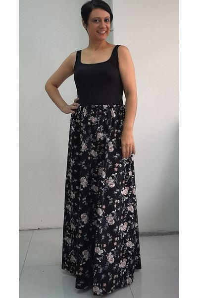 Mertcan Butik 6 τεμάχια μαύρη φούστα βισκόζης με λουλουδάτο σχέδιο - ελαστική μέση