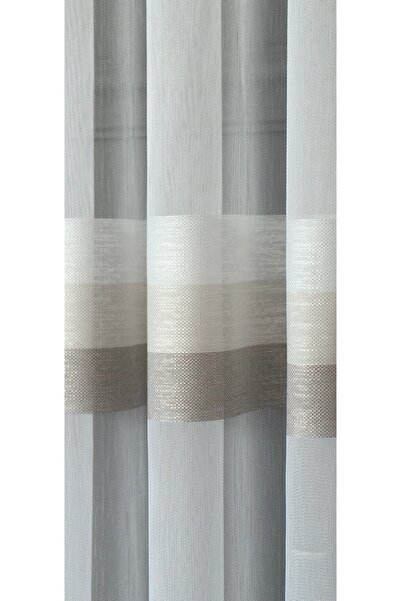 Yuka Κρεμ Λευκό Καφέ Οριζόντια Ρίγα 1/3 Σφιχτή Πιέτα Εκρού Τούλι Κουρτίνα Χωρίς ζάρες Δεν Ζητεί Σιδέρωμα