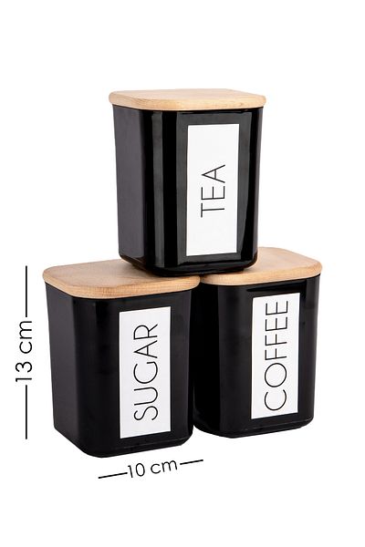 Lizzy 900 ml Black Acrylic Jar Set - 3-Piece English Storage Container with Wooden Vacuum Lid, Tea Sugar Coffee