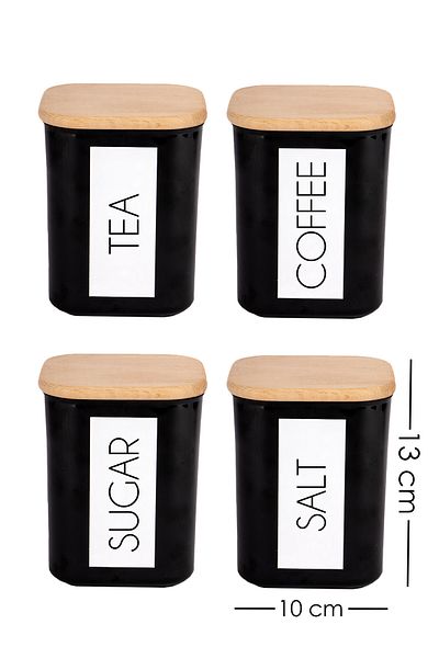 Lizzy 900 ml English - 4-Piece Wooden Vacuum Jar Set with Lid, Tea, Sugar, Coffee and Salt Storage