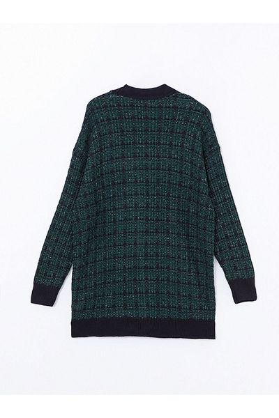 LC Waikiki Lcwaikiki Classic Green V-Neck Plaid Women's Knitwear Cardigan