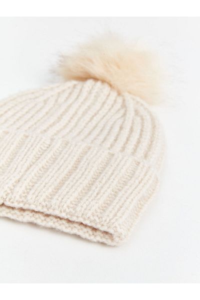 LC Waikiki Lcw Accessories Beige Women's Beanie with Plush Pompom