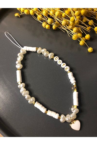 Stoneday White Fimo Bead Design Phone Strap Charm Accessory with Gold Detail with Trapezoid Pearls