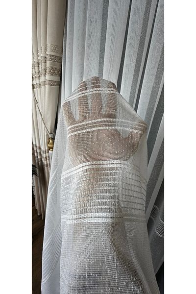 Yuka Λινό Slub Ασημί Οριζόντια Ρίγα 1/3 Συμπίεση Κουρτίνα από τούλι Χωρίς τσακάκια Δεν ζητάει σιδέρωμα Φούστα με μολύβδινο