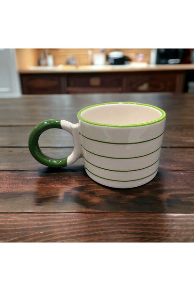 İZart Single Knot Handle Green Striped Handmade Ceramic Mug