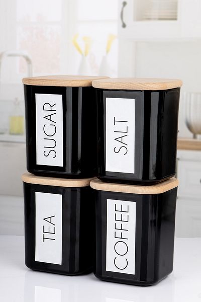 Lizzy 900 ml English - 4-Piece Wooden Vacuum Jar Set with Lid, Tea, Sugar, Coffee and Salt Storage