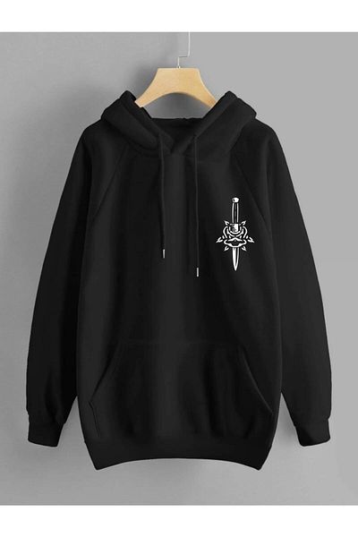 ufukmoda Black Skull Skull Back Printed Oversize Hooded Sweatshirt