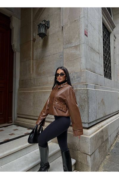 Melike Bakar Boutique Дамско кожено яке - с ластик отдолу