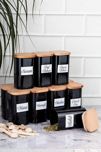 DNS HOME 250 ml Vacuumed Bamboo - 12-Piece Black Acrylic Set with Wooden Lid and Spoon with Label Gift