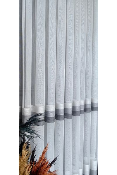 Yuka 1/3 Close Pleat Gray Anthracite Horizontal Striped Ecru Tulle Curtain - Non-Wrinkle Ironing