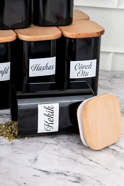 DNS HOME 250 ml Vacuumed Bamboo - 12-Piece Black Acrylic Set with Wooden Lid and Spoon with Label Gift