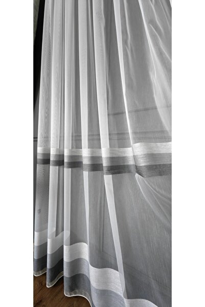 Yuka Gri Antrasit Yatay Şeritli 1/3 Sık Pile Ekru Tül Perde Kırışmaz Ütü İstemez