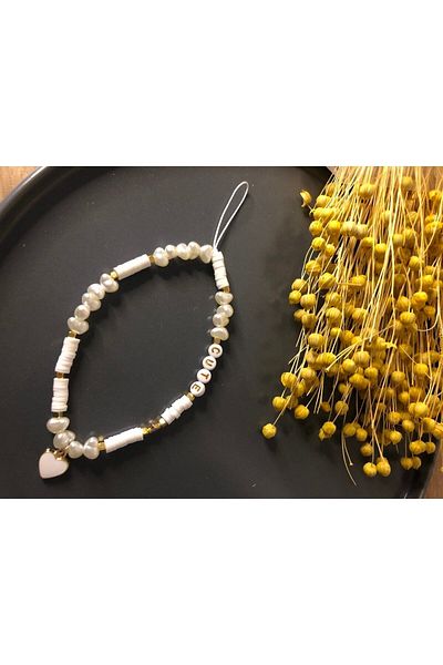 Stoneday White Fimo Bead Design Phone Strap Charm Accessory with Gold Detail with Trapezoid Pearls