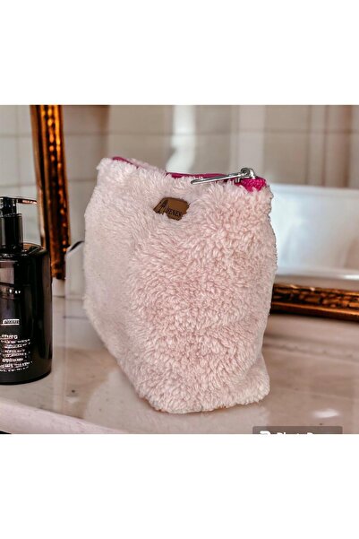 LİFENES حقيبة مكياج تيدي قطيفة باللون الوردي