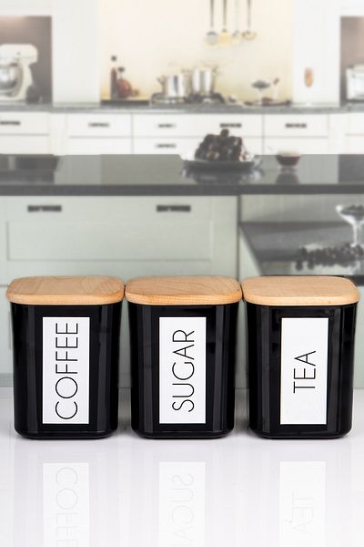 Lizzy 900 ml Black Acrylic Jar Set - 3-Piece English Storage Container with Wooden Vacuum Lid, Tea Sugar Coffee