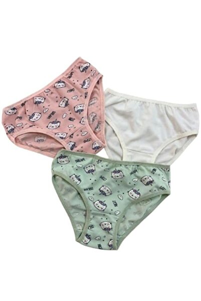 elmas kids Cat Patterned Cotton 3-Piece Girl's Slip - Pink Green Ecru