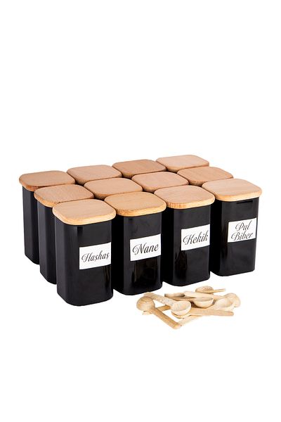 Lizzy 250 ml Vacuumed Bamboo - 12-Piece Black Acrylic Set with Wooden Lid and Spoon with Label Gift