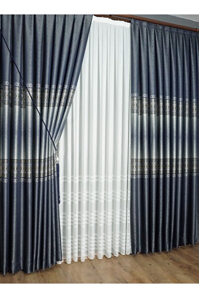 Yuka Navy-Grey Geometric Patterned Jacquard Panel Background - Single Wing, Stripe and Close Pleated