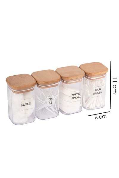 Lizzy 4-Piece Transparent Cotton Set with Wooden Lid - Makeup, Floss Jar Acrylic