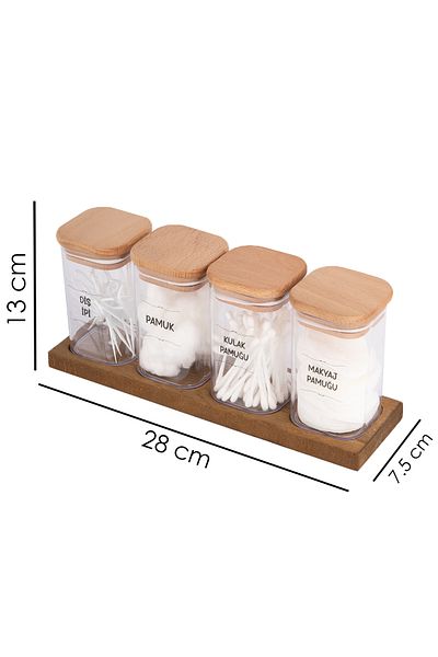 Lizzy 4-Piece Transparent Ear Cotton Jar with Wooden Lid, Stand, Makeup and Floss Acrylic