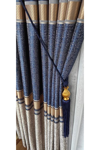 Yuka Navy Blue Brown Panel Background - Gold Striped, Single Wing, Jacquard Shiny