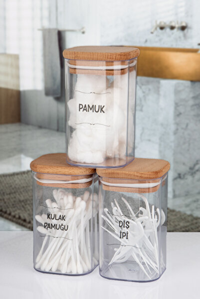 Lizzy 4'lü Ahşap Kapaklı Şeffaf Kulak Pamuğu, Pamuk, Makyaj Pamuğu, Diş İpi Kavanozu Akrilik