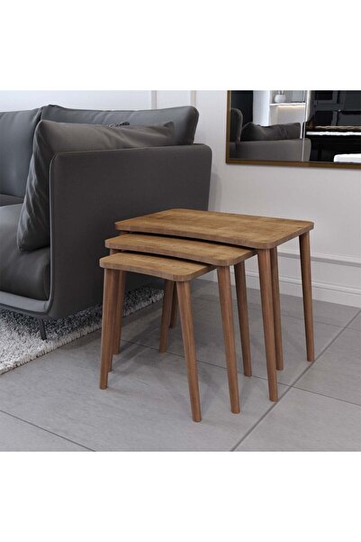 Enda Home Balkır 3'lü Ahşap Ayaklı Zigon Sehpa Seti Ceviz