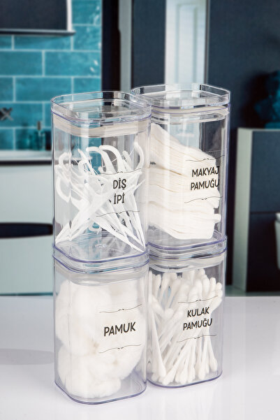 Lizzy 4'lü Vakumlu Kapaklı Şeffaf Kulak Pamuğu, Pamuk, Makyaj Pamuğu, Diş İpi Kavanozu Akrilik