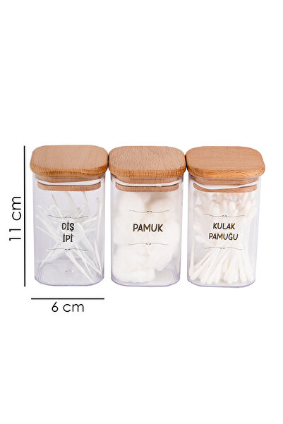 Lizzy 4'lü Ahşap Kapaklı Şeffaf Kulak Pamuğu, Pamuk, Makyaj Pamuğu, Diş İpi Kavanozu Akrilik