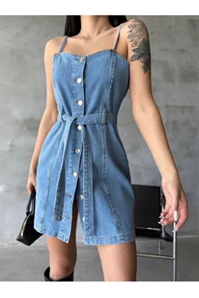 BircanButik Jeans Askılı Mini Önü Düğmeli Şık Elbise
