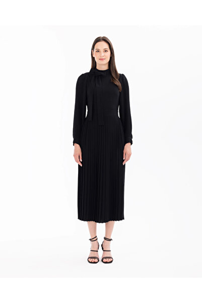 SEÇİL Black Pleated Women's Dress - with Tie Detail