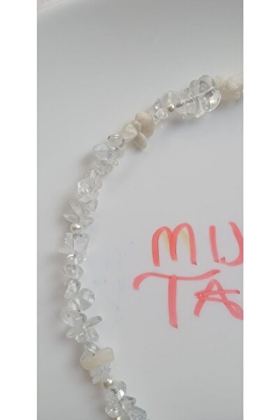 Mudita Tasarım Beyaz Aytaşı, Kristal Kuvars Ve Opal Gerçek Doğal Kırık Taş Mavi Kelebekli Kolye