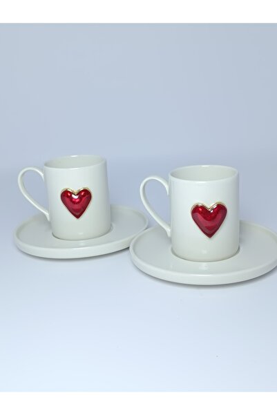 PARILTI HOME COLLECTİON Brown 2-Person Cup Set - Heart Detailed