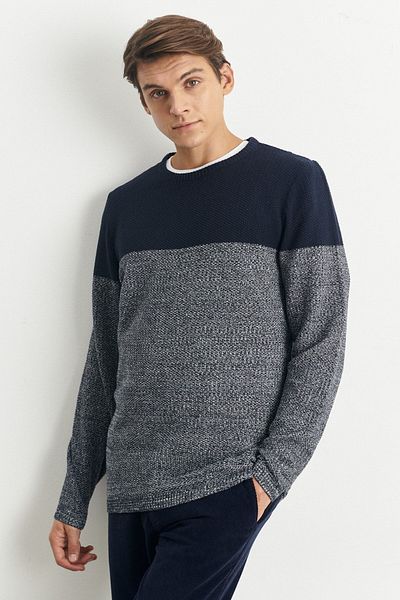 ALTINYILDIZ CLASSICS Marineblau-cremefarbener Strickpullover für Herren mit Rundhalsausschnitt – Standard-Passform