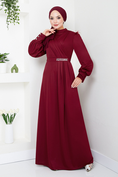 ModaMerve Burgundy Hijab Evening Dress - Stone Detailed, Model 271Dvl897-M