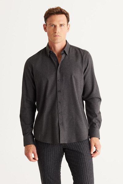 ALTINYILDIZ CLASSICS Pánská flanelová oxfordská košile v antracitové barvě – Slim Fit, skrytý knoflík, bavlna