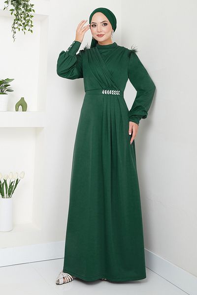 ModaMerve Emerald Hijab Βραδινό Φόρεμα - Λεπτομέρεια από πέτρα, Μοντέλο 271DVL897-M