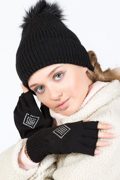 POSUSS Taş Detaylı Parmaksız Kadın Eldiven - Siyah - Ps3106